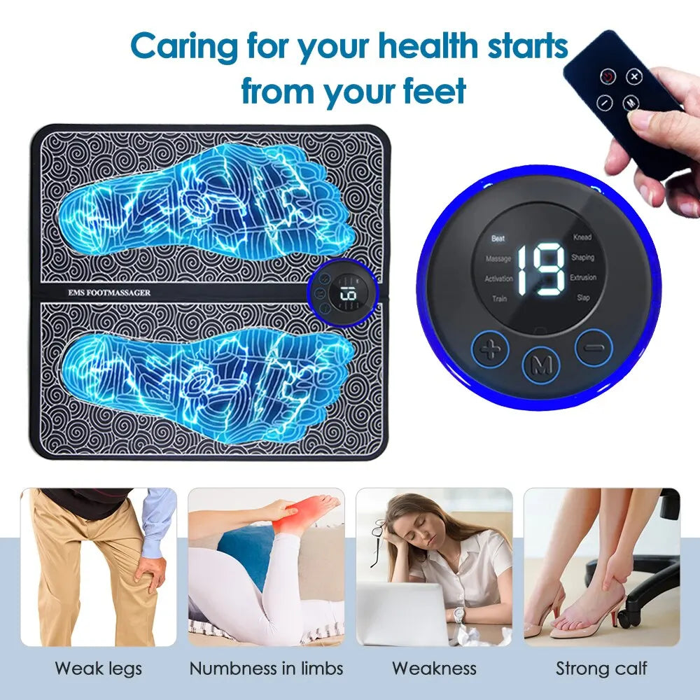 Electric EMS Foot Massager Pad Relax Feet Leg Muscle Massager Matt Shock with Remote and Pads