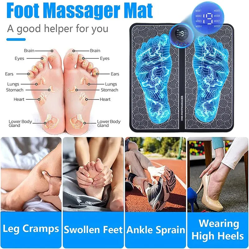 Electric EMS Foot Massager Pad Relax Feet Leg Muscle Massager Matt Shock with Remote and Pads